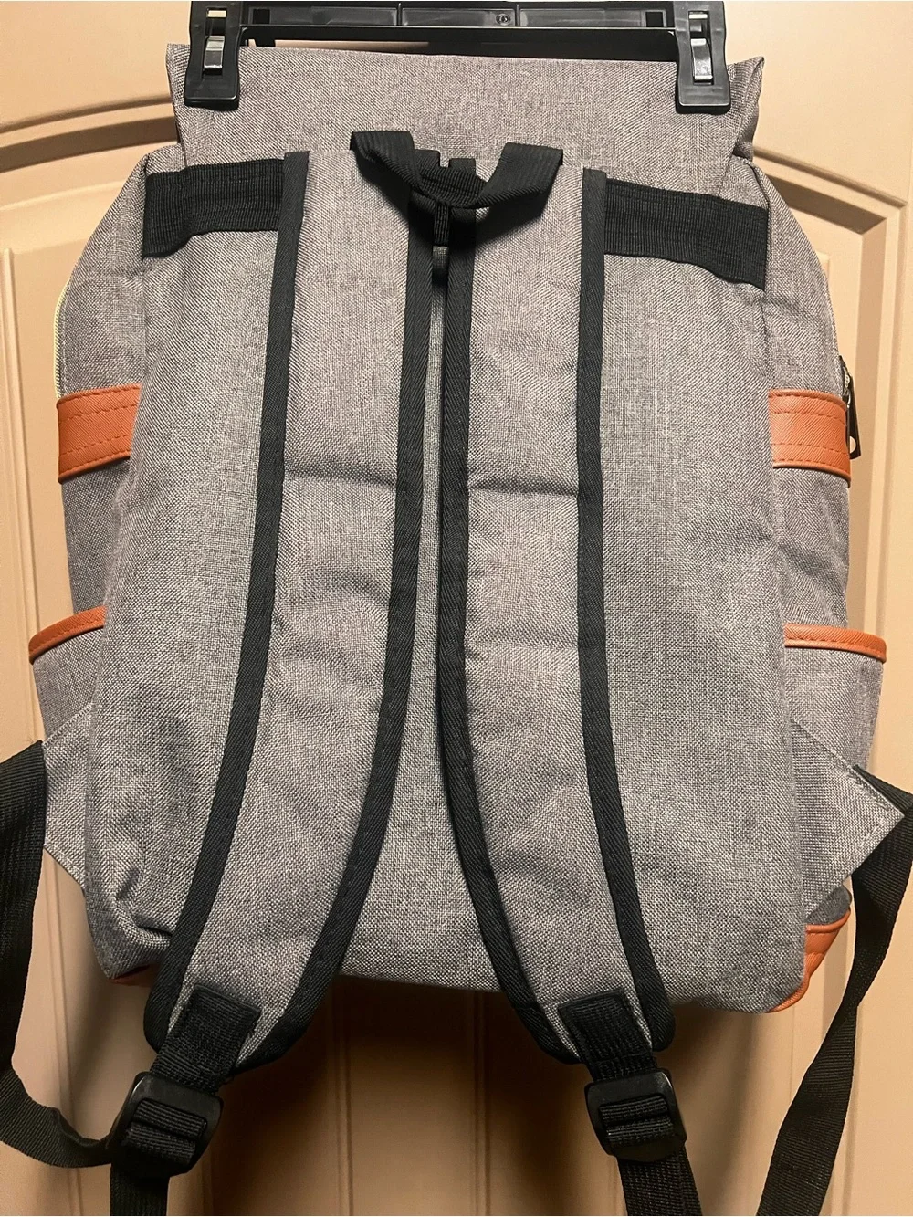 Wenjie Gray Canvas Backpack Brown Faux Leather Trim